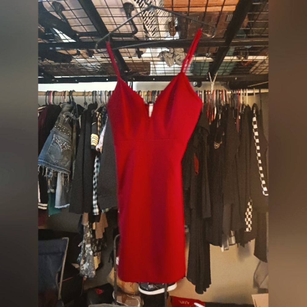 Glare Red Spaghetti Strap Plunge Bodycon Mini Dress